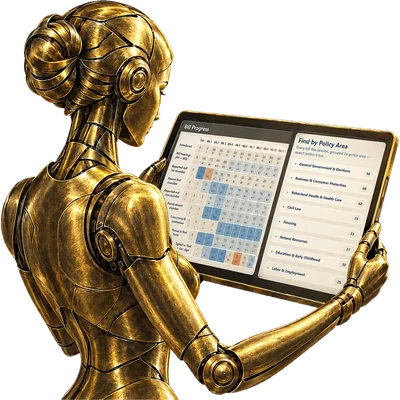 OLBB — a gold robot reading the session dashboard on a tablet